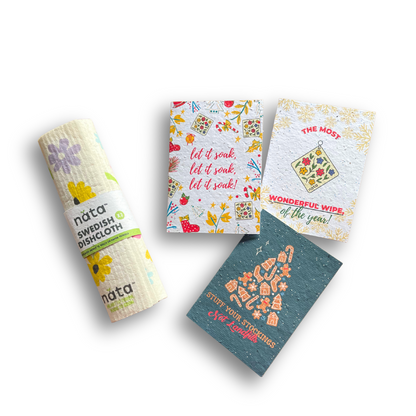 Set of nata Swedish dishcloths with various designs on a white background