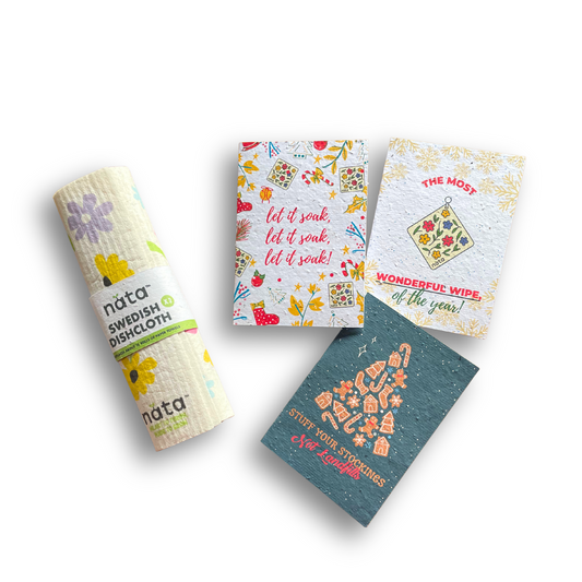 Set of nata Swedish dishcloths with various designs on a white background