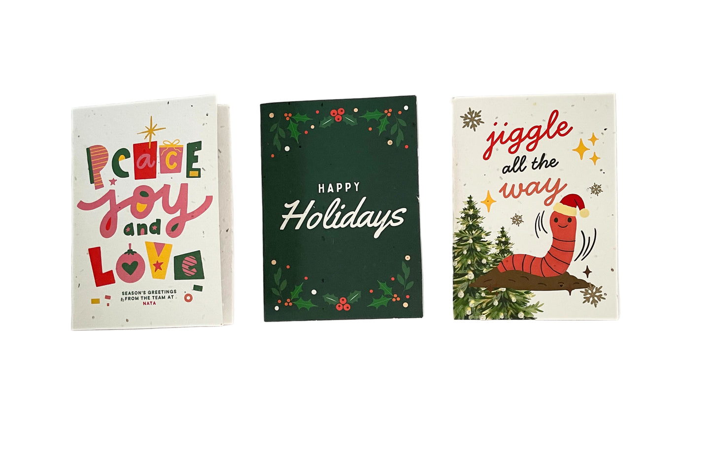 Three Christmas-themed greeting cards on a white background